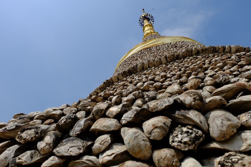 Pagoda postavená z fosílií ústric